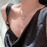 Thumbnail for Chic Layered CZ Inlaid Pink Crystal Heart Pendant Star Chain Necklace - ArtGalleryZen