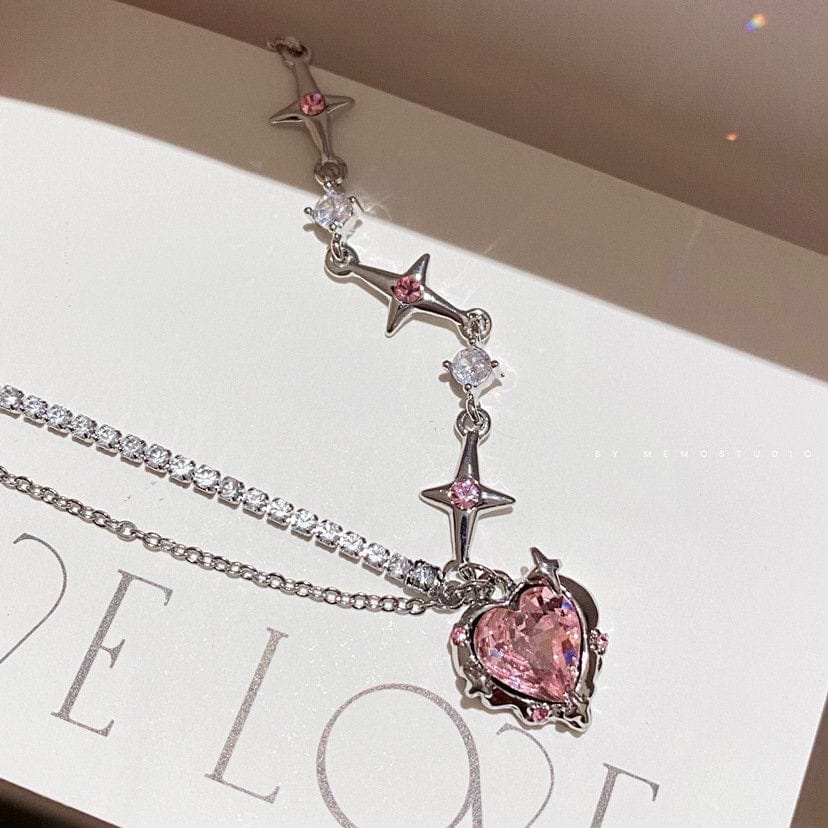 Chic Layered CZ Inlaid Pink Crystal Heart Pendant Star Chain Necklace - ArtGalleryZen
