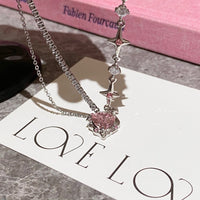 Thumbnail for Chic Layered CZ Inlaid Pink Crystal Heart Pendant Star Chain Necklace - ArtGalleryZen