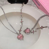 Thumbnail for Chic Layered CZ Inlaid Pink Crystal Heart Pendant Star Chain Necklace - ArtGalleryZen
