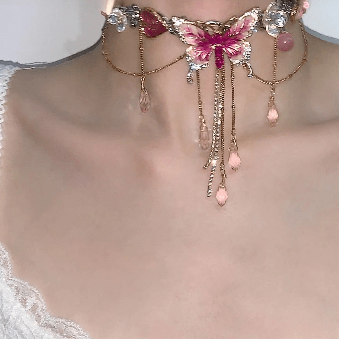 Chic Layered CZ Inliad Enamel Butterfly Crystal Tassel Choker Necklace - ArtGalleryZen