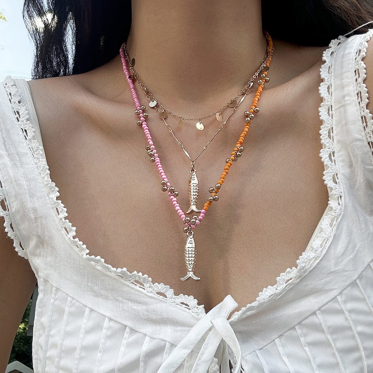 Chic Layered Fish Pendant Sequin Tassel Seed Beaded Necklace Set - ArtGalleryZen