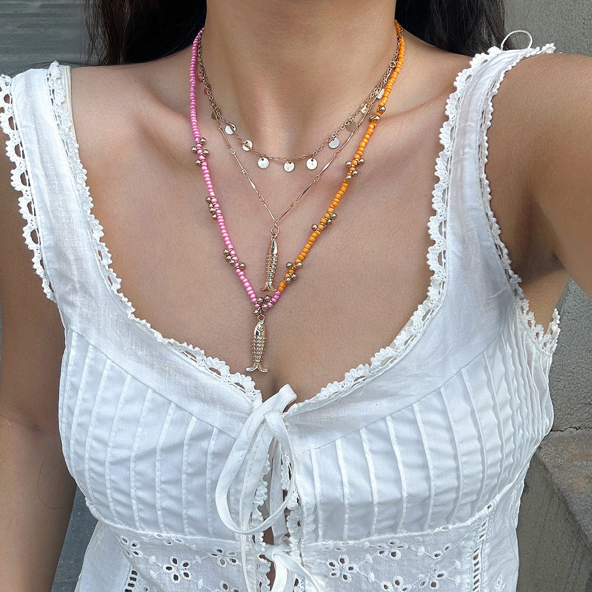 Chic Layered Fish Pendant Sequin Tassel Seed Beaded Necklace Set - ArtGalleryZen