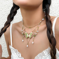 Thumbnail for Chic Layered Floral Pearl Chain Tassel Butterfly Necklace - ArtGalleryZen