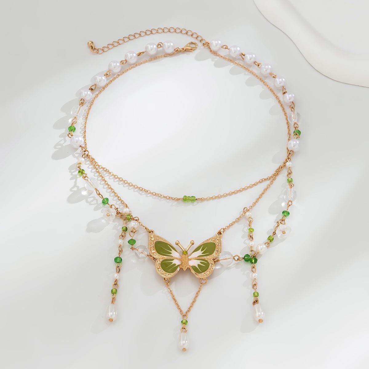 Chic Layered Floral Pearl Chain Tassel Butterfly Necklace - ArtGalleryZen