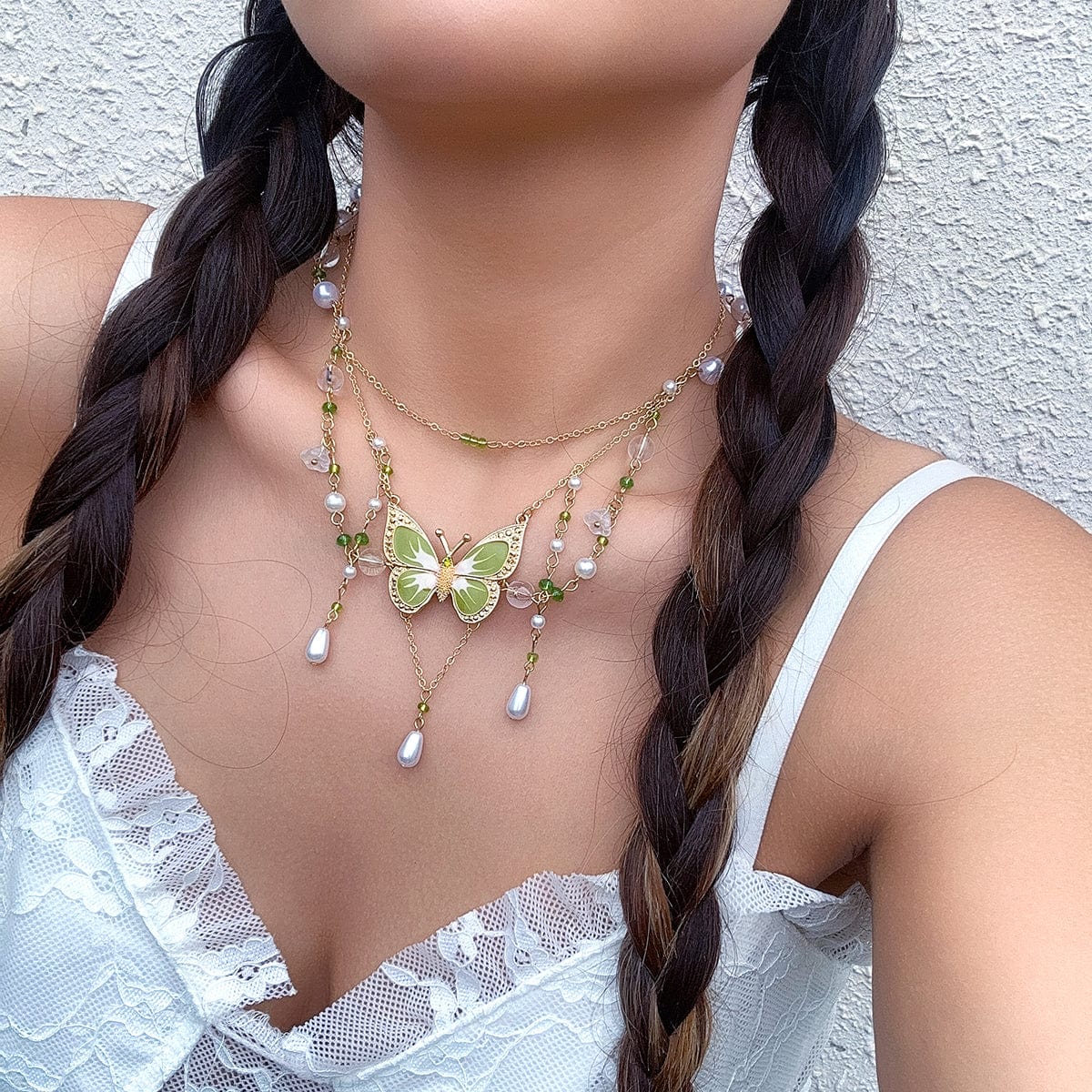 Chic Layered Floral Pearl Chain Tassel Butterfly Necklace - ArtGalleryZen