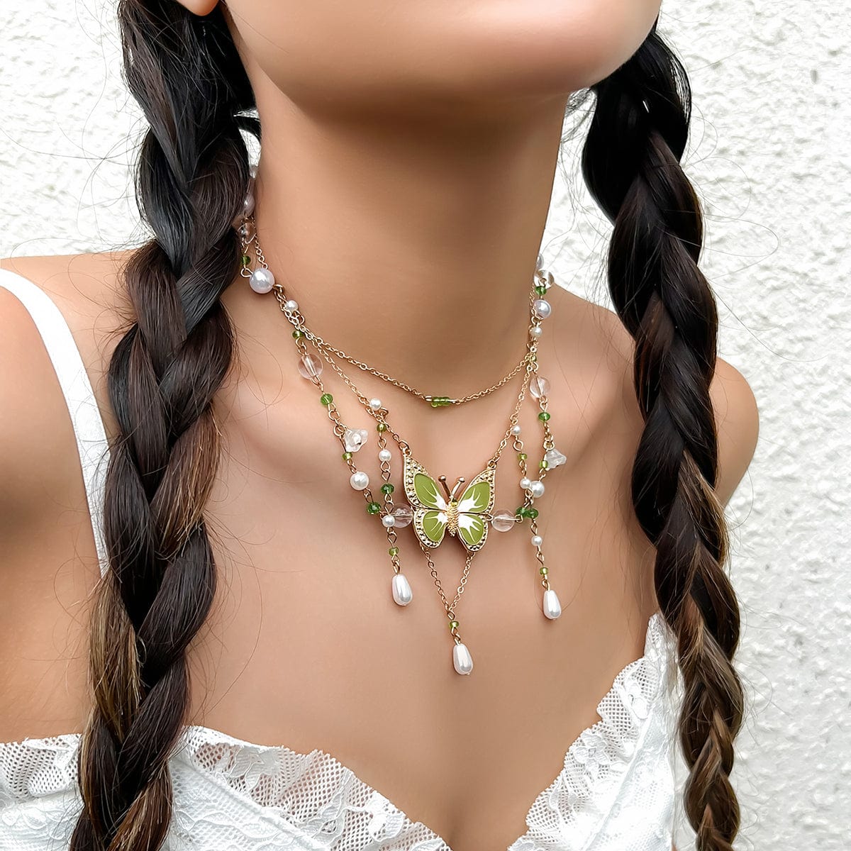 Chic Layered Floral Pearl Chain Tassel Butterfly Necklace - ArtGalleryZen