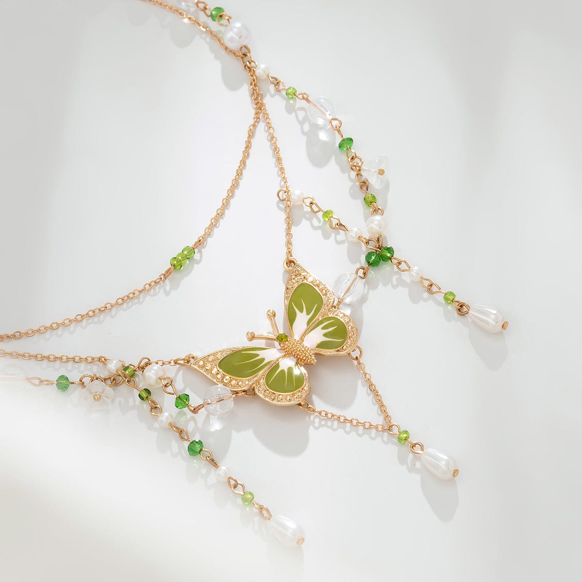 Chic Layered Floral Pearl Chain Tassel Butterfly Necklace - ArtGalleryZen