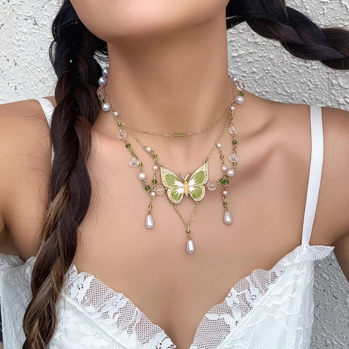 Chic Layered Floral Pearl Chain Tassel Butterfly Necklace - ArtGalleryZen