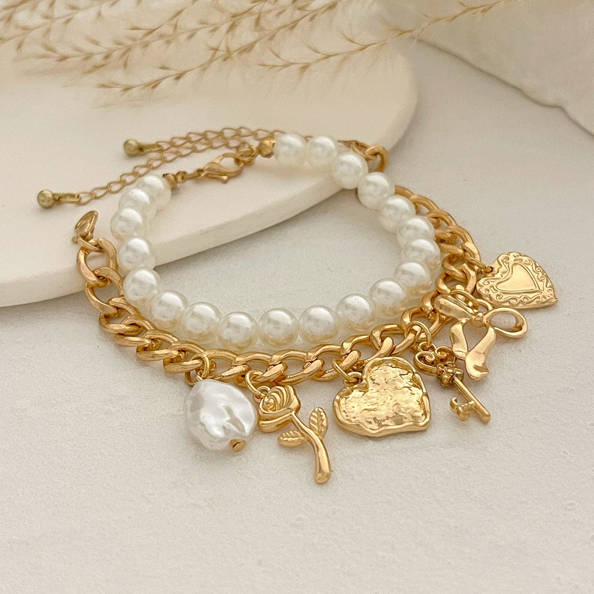 Chic Layered Heart Bow Rose Charm Pearl Chain Bracelet Set - ArtGalleryZen
