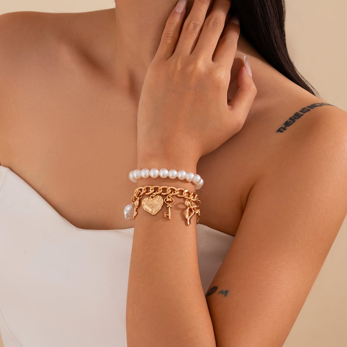Chic Layered Heart Bow Rose Charm Pearl Chain Bracelet Set - ArtGalleryZen