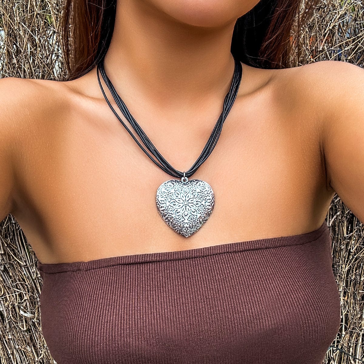 Chic Layered Heart Pendant Wax Cord String Necklace - ArtGalleryZen