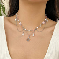 Thumbnail for Chic Layered Hollow Star Pendant Pearl Crystal Chain Necklace - ArtGalleryZen