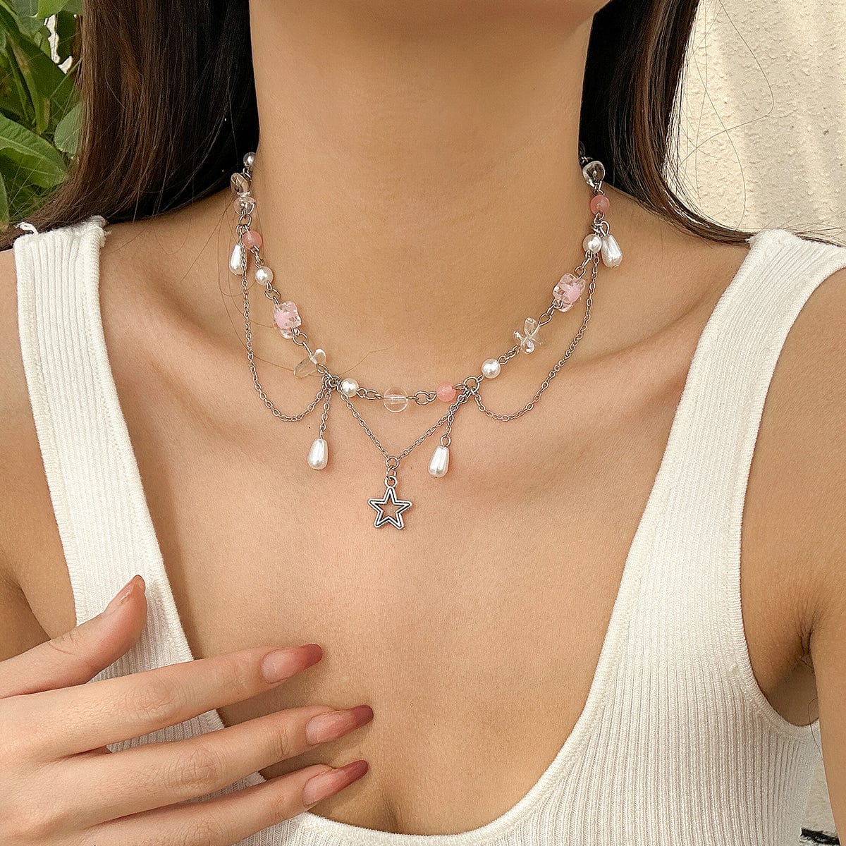 Chic Layered Hollow Star Pendant Pearl Crystal Chain Necklace - ArtGalleryZen