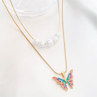 Thumbnail for Chic Layered Pearl Charm Enamel Butterfly Necklace - ArtGalleryZen