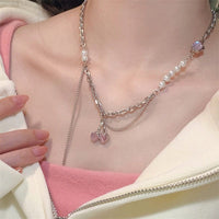 Thumbnail for Chic Layered Pearl Charm Pink Cherry Pendant Necklace - ArtGalleryZen