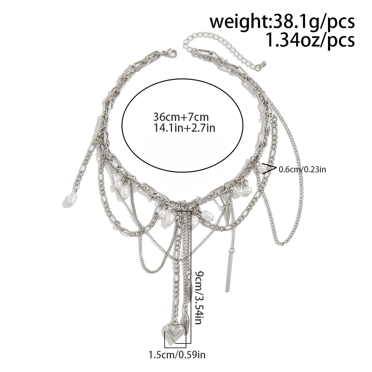 Chic Layered Pearl Rivet Tassel Heart Pendant Cable Chain Y Necklace - ArtGalleryZen