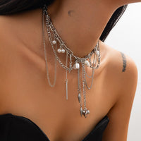 Thumbnail for Chic Layered Pearl Rivet Tassel Heart Pendant Cable Chain Y Necklace - ArtGalleryZen