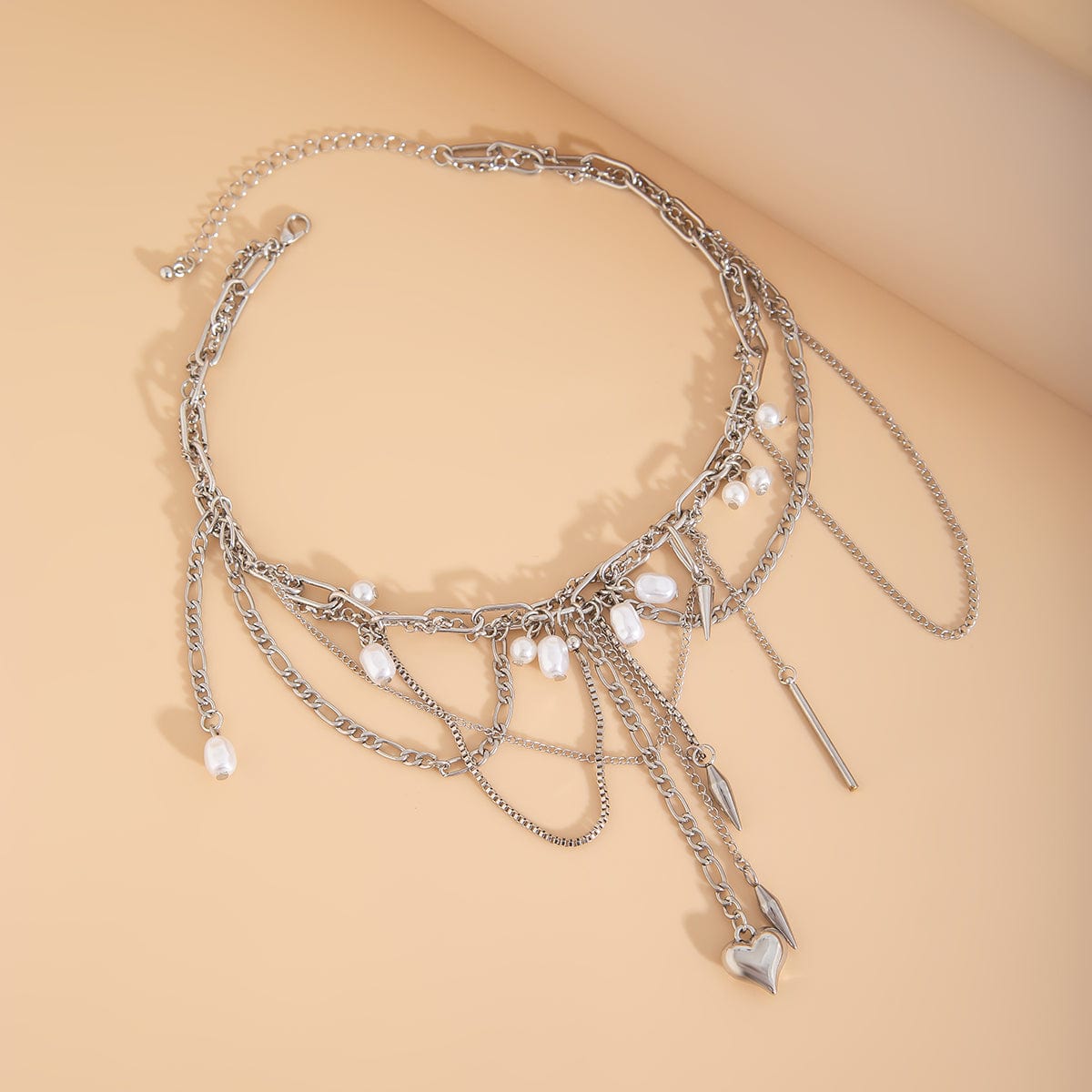 Chic Layered Pearl Rivet Tassel Heart Pendant Cable Chain Y Necklace - ArtGalleryZen