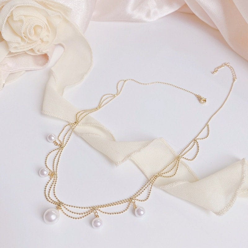 Chic Layered Pearl Tassel Ball Chain Choker Necklace - ArtGalleryZen