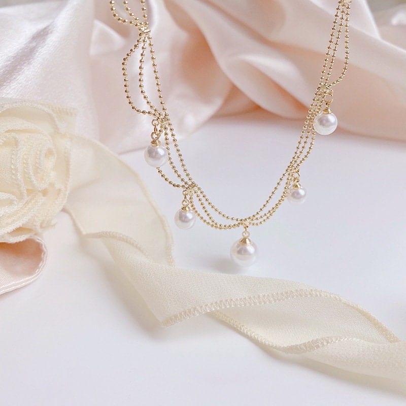 Chic Layered Pearl Tassel Ball Chain Choker Necklace - ArtGalleryZen