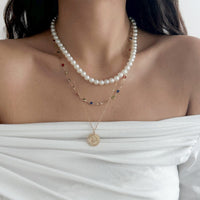 Thumbnail for Chic Layered Relief Round Disk Pendant Crystal Pearl Chain Necklace Set - ArtGalleryZen