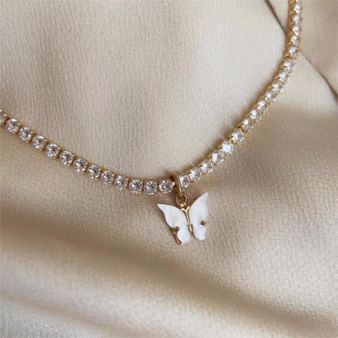 Chic Layered Rhinestone Inlaid Butterfly Initial Letter Pendant Choker Necklace Set - ArtGalleryZen