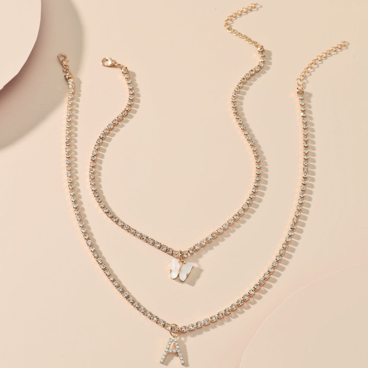 Chic Layered Rhinestone Inlaid Butterfly Initial Letter Pendant Choker Necklace Set - ArtGalleryZen