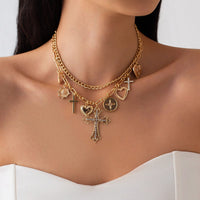 Thumbnail for chic layered rhinestone inlaid cross heart pendant necklace-artgalleryzen