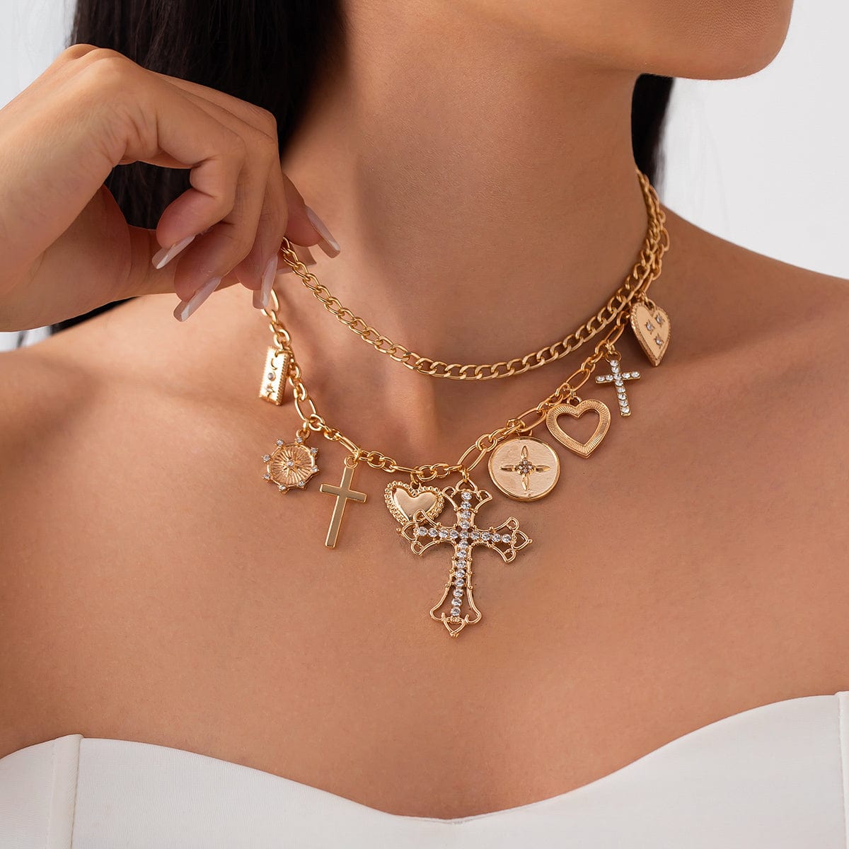 chic layered rhinestone inlaid cross heart pendant necklace-artgalleryzen