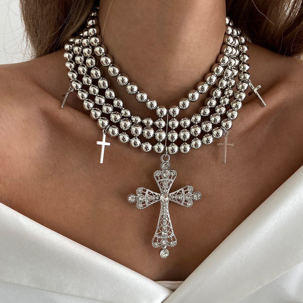 Chic Layered Rhinestone Inlaid Cross Pendant Ball Chain Necklace - ArtGalleryZen