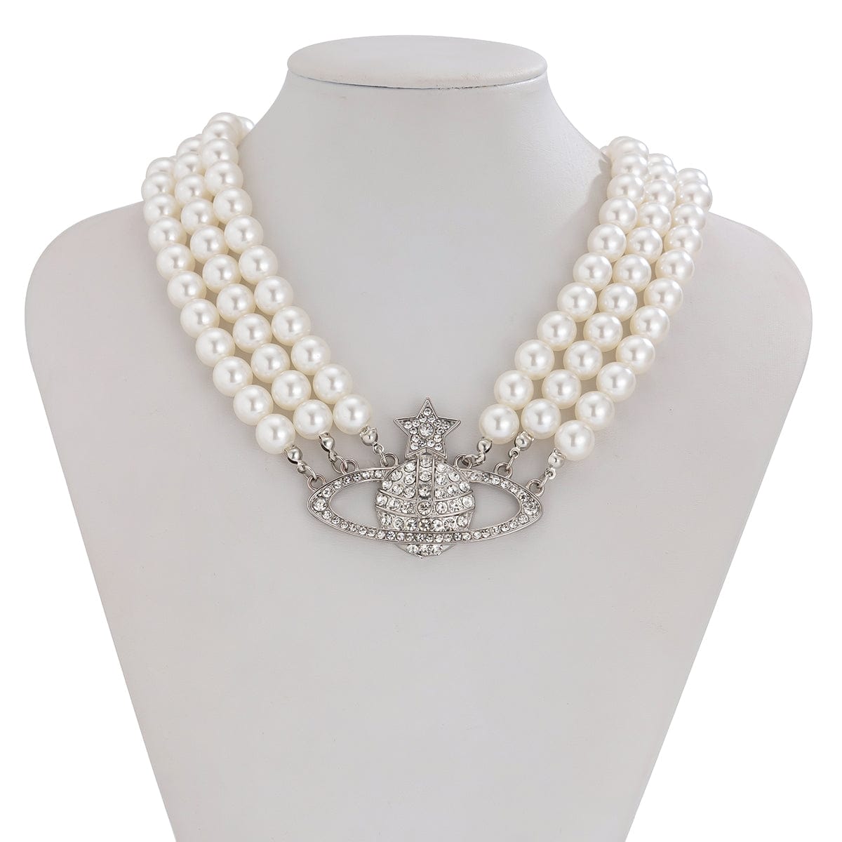 Chic Layered Rhinestone Inlaid Saturn Charm Pearl Chain Choker Necklace - ArtGalleryZen