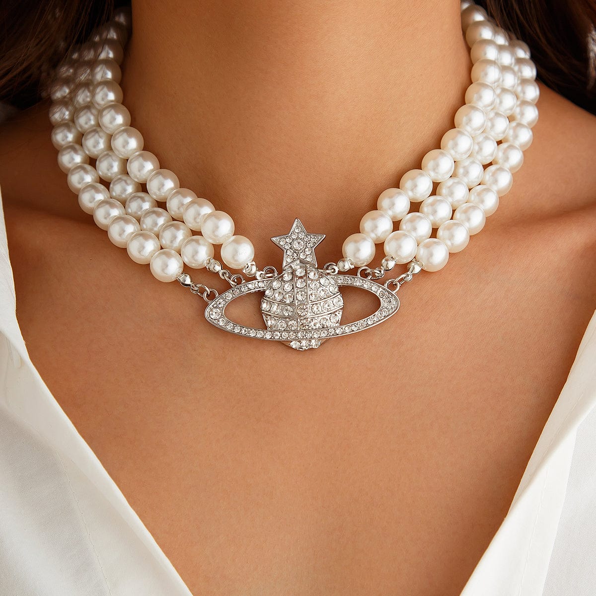 Chic Layered Rhinestone Inlaid Saturn Charm Pearl Chain Choker Necklace - ArtGalleryZen