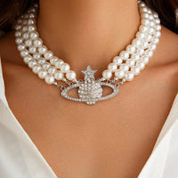Thumbnail for Chic Layered Rhinestone Inlaid Saturn Charm Pearl Chain Choker Necklace - ArtGalleryZen