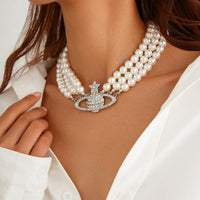 Thumbnail for Chic Layered Rhinestone Inlaid Saturn Charm Pearl Chain Choker Necklace - ArtGalleryZen