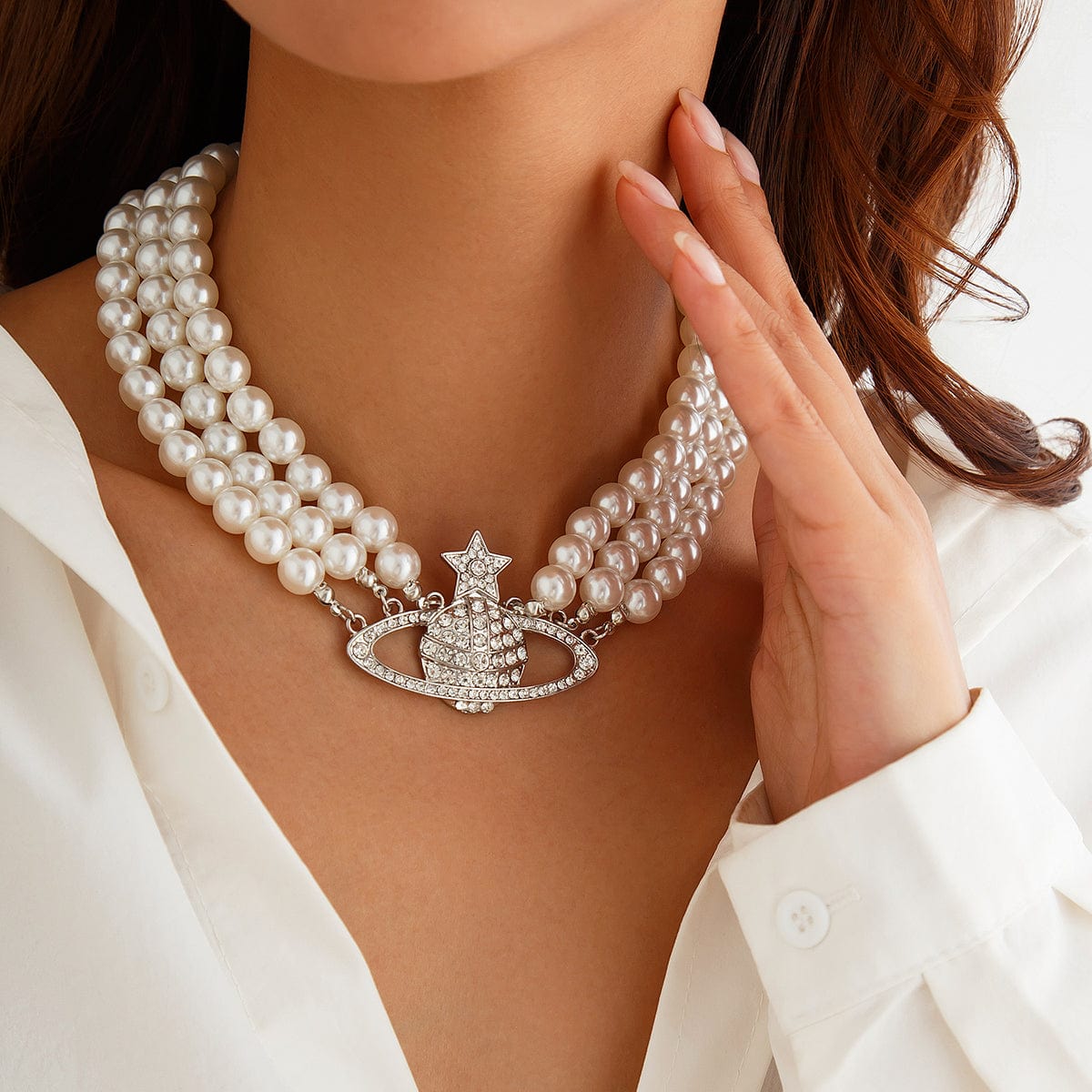 Chic Layered Rhinestone Inlaid Saturn Charm Pearl Chain Choker Necklace - ArtGalleryZen