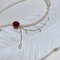 Thumbnail for Chic Layered Rhinestone Tassel Rose Pearl Chain Choker Necklace - ArtGalleryZen