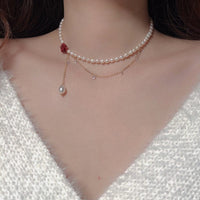 Thumbnail for Chic Layered Rhinestone Tassel Rose Pearl Chain Choker Necklace - ArtGalleryZen