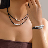 Thumbnail for Chic Layered Textured Cylinder Charm Wax Cord String Necklace Bracelet Set - ArtGalleryZen