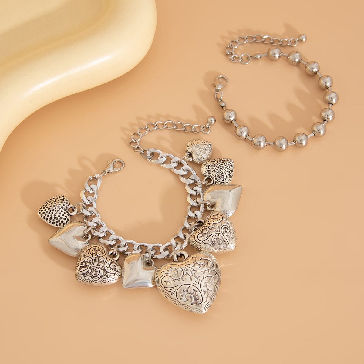 Chic Layered Textured Heart Tassel Ball Chain Bracelet Set - ArtGalleryZen