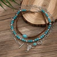 Thumbnail for Chic Layered Toggle Clasp Bull Pendant Turquoise Chain Velvet Necklace Set - ArtGalleryZen