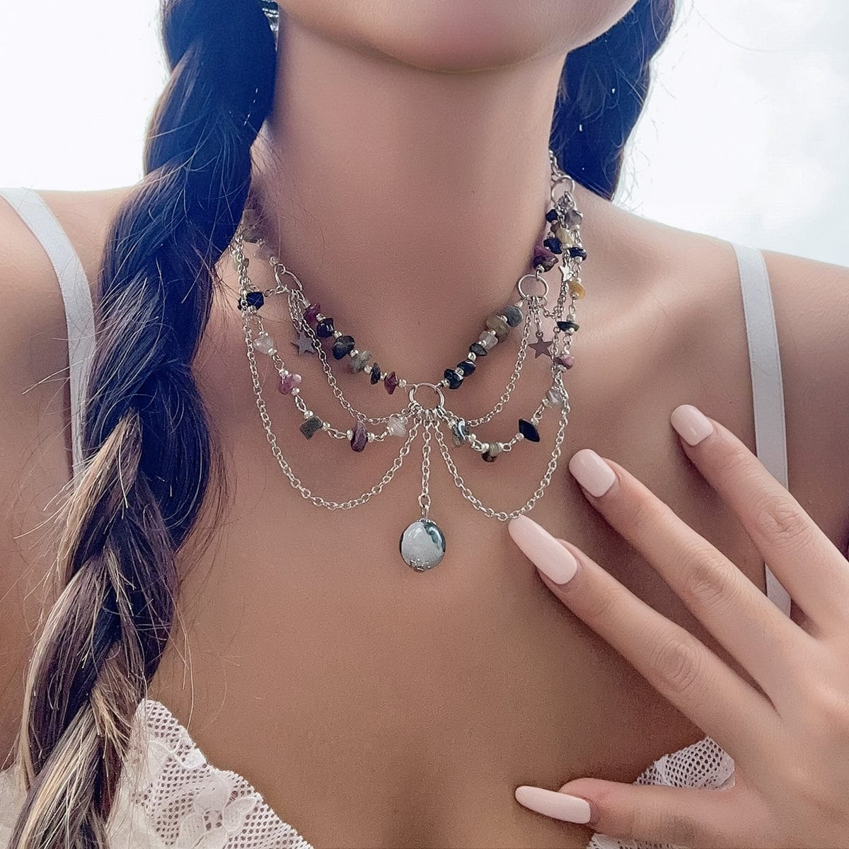 Chic Layered Turquoise Stone Tassel Necklace - ArtGalleryZen