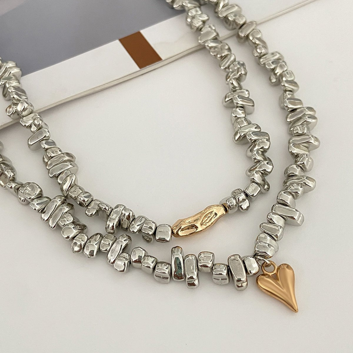 Chic Layered Two Tone Heart Charm Irregular Beaded Choker Necklace Set - ArtGalleryZen