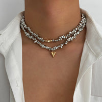Thumbnail for Chic Layered Two Tone Heart Charm Irregular Beaded Choker Necklace Set - ArtGalleryZen