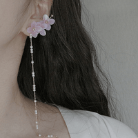 Thumbnail for Chic Peach Blossom Flower Pearl Long Chain Ear Clip Earring - ArtGalleryZen