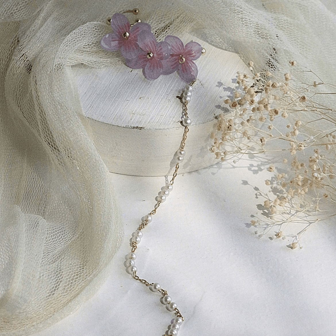 Chic Peach Blossom Flower Pearl Long Chain Ear Clip Earring - ArtGalleryZen