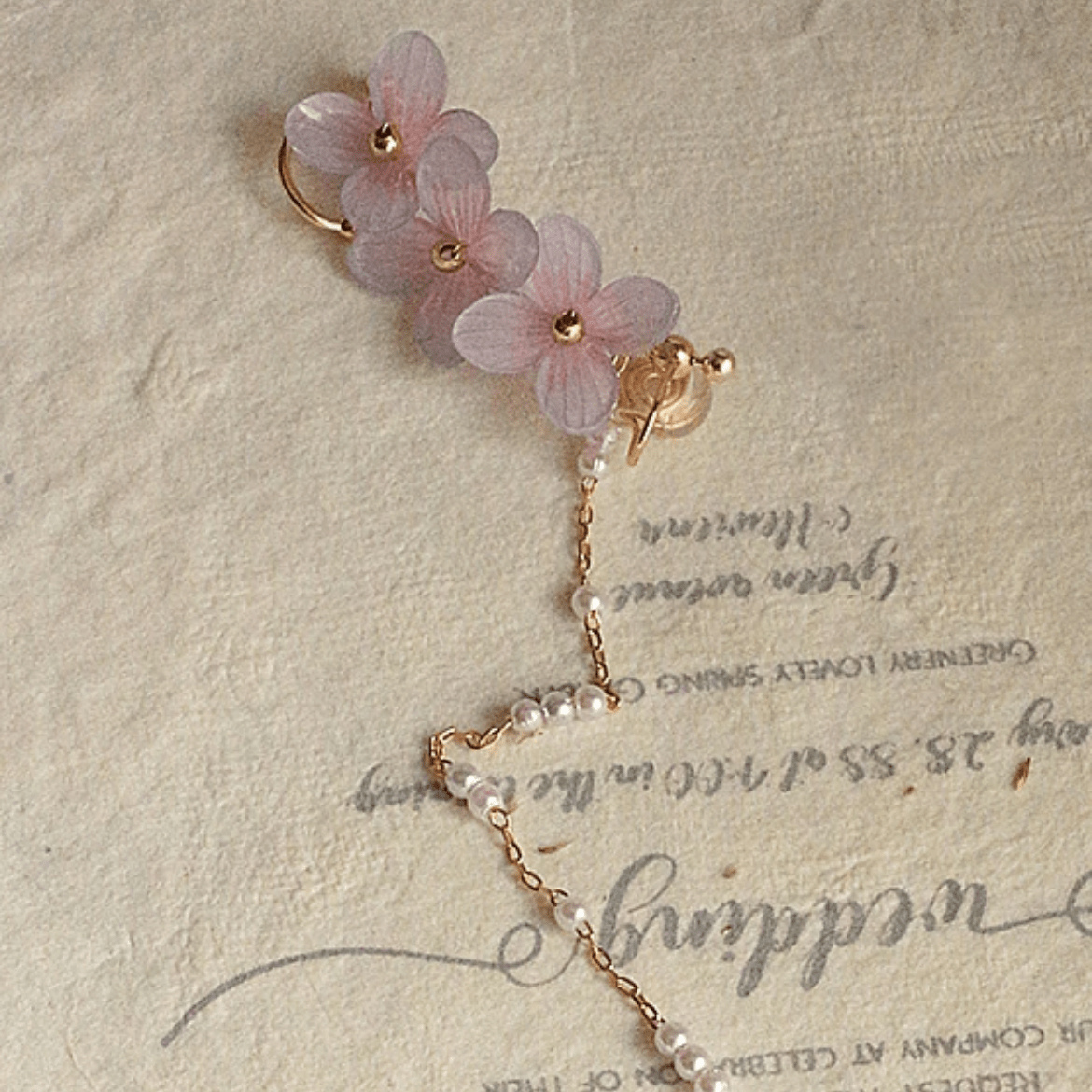 Chic Peach Blossom Flower Pearl Long Chain Ear Clip Earring - ArtGalleryZen