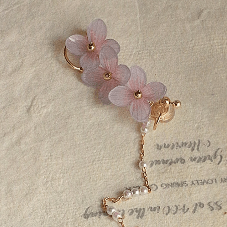 Chic Peach Blossom Flower Pearl Long Chain Ear Clip Earring - ArtGalleryZen