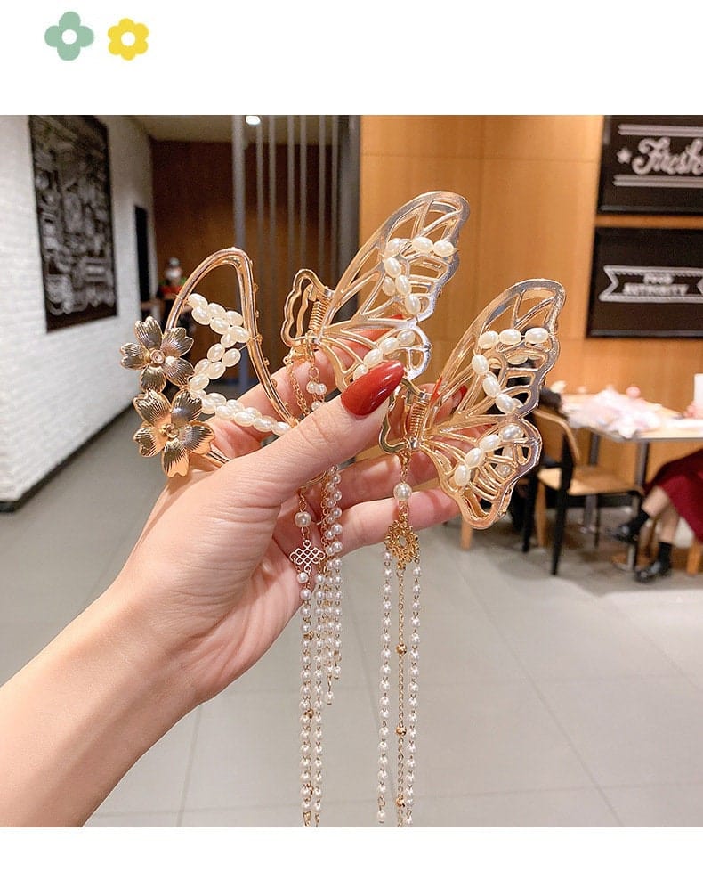 Chic Pearl Chain Tassel Butterfly Chignon Claw Clip Hair Clip - ArtGalleryZen