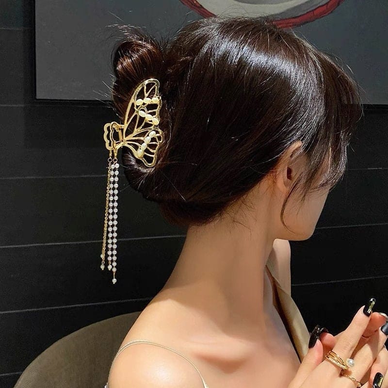 Chic Pearl Chain Tassel Butterfly Chignon Claw Clip Hair Clip - ArtGalleryZen